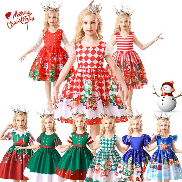 

christmas children party dresses fashion kids cartoon printed satin princess dress xmas girls performance clothing a9417, Red;yellow