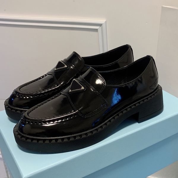 

designer women platform shoes black patent leather chocolate loafers upper with leather band and metal triangle logo fashion dress shoe