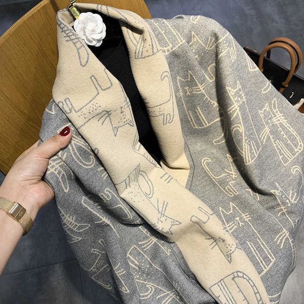 

thick classic kitten cute scarf double sided versatile imitation cashmere warm fringe womens neck scarf, Blue;gray