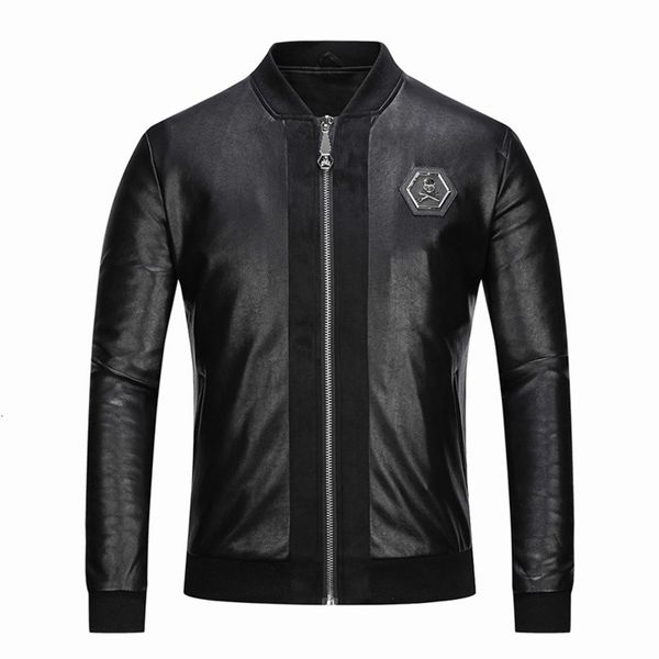

mens leather faux jacket skull embroidered baseball collar western motorcycle 221129, Black