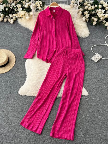 

women's two piece pants singreiny women casual suits outfits office lady long sleeve shirt pleated autumn loose set 221130, White