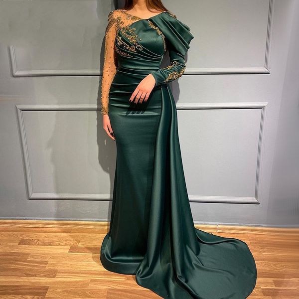 

elegant green mermaid beads evening night dresses for women 2023 o neck satin long sleeves prom formal party gowns custom robe de soiree, Black;red