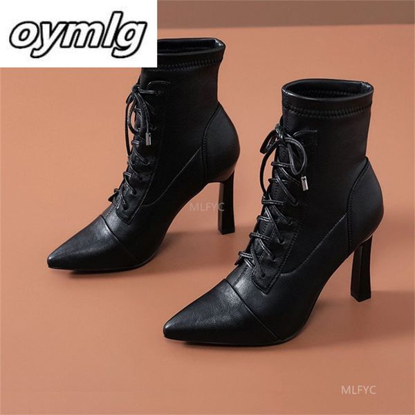 

boots autumn and winter high heels women's pointed toe lace-up short boots net red thin stiletto elastic 221129, Black