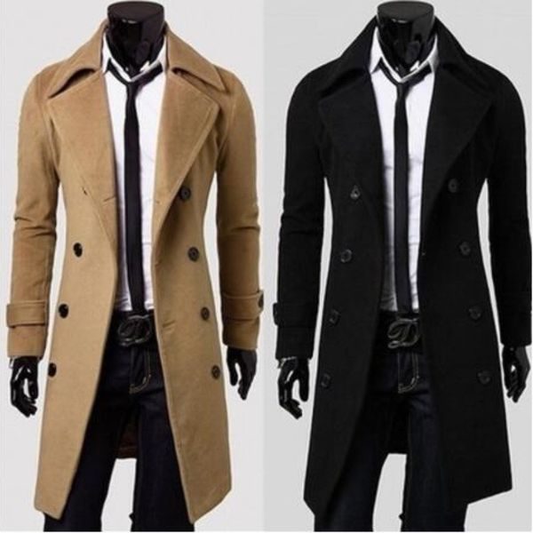 

men's wool blends fashion winter men's wool blends jacket business casual trench coat male windbreaker overcoat hombre punk dust o, Black