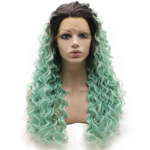 

26inch long curly ombre wig black blue ombre heat resistant fiber hair costume party wig