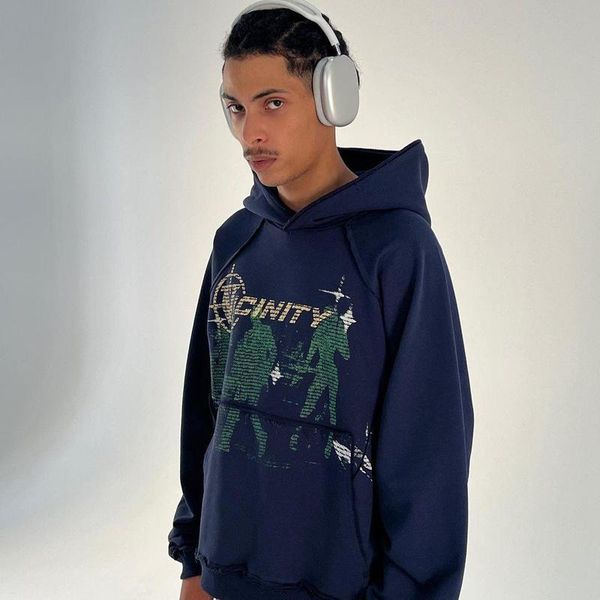 

men's hoodies sweatshirts dark thickened loose printed pullover hoodie men y2k street retro clothing korean casual versatile oversized, Black