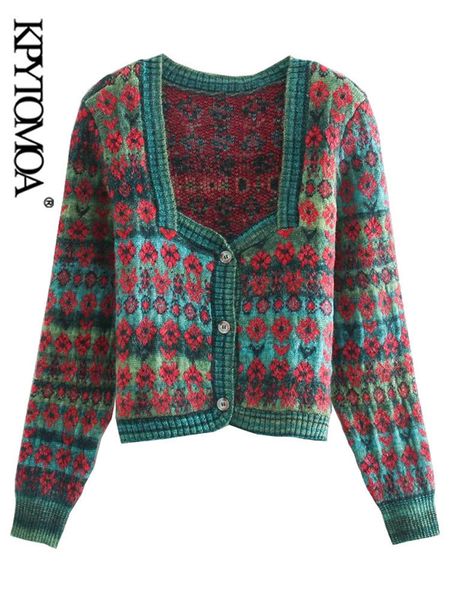 

women's knits tees kpytomoa women fashion jacquard cropped knitted cardigan sweater vintage square collar button-up female outerwear ch, White