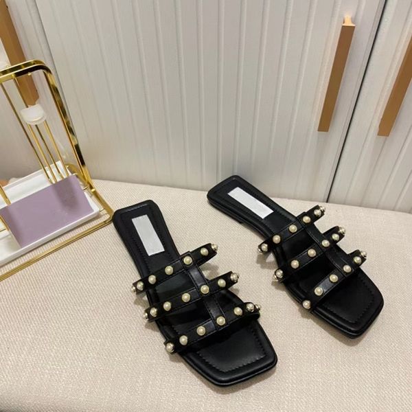 

new fashion pearl slippers luxury designer sandals leather riveted beach shoes outdoor bathroom non slip rubber flat bottom ribbon combinati, Black