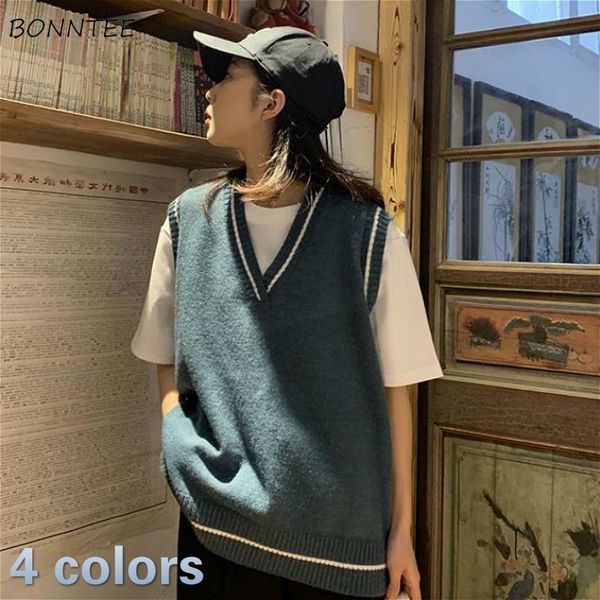 

women's vests women simple classic bf spring autumn femme knitted outwear young lovely all-match striped schoolgirls sleeveless jacket, Black;white