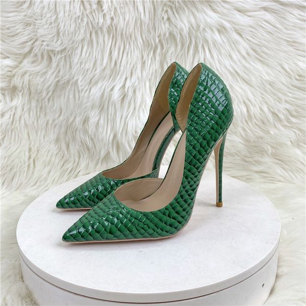 

2023 green embossed side empty high heels shoes 12cm pointed thin heel shallow mouth women's shoes luxury brand cut-outs red sole stile, Black