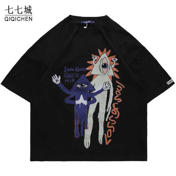 

men's t-shirts hip hop oversize t shirt men one-eyed alien print harajuku t-shirts women streetwear cotton loose short sleeve tees sum, White;black