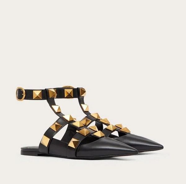 

shoes famous summer roman sandals rock stud women s ballerines pointed toe lady ballet flat calfskin leather wi valentinoes valentinoity kcr, Black