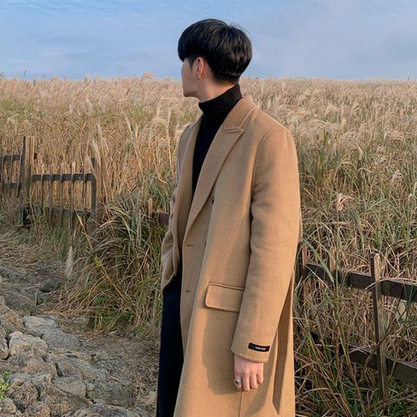 

men's wool blends korean men's trend woolen coat doublebreasted lapel long sleeve autumn winter thickned belted overcoat 2d1788 22, Black