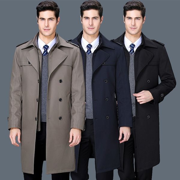 

men's slim long trench coat winter men european style overcoat detachable liner thick outerwear casual clothing, Tan;black