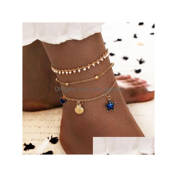 

anklets fashion jewelry 3pcs/set anklet set blue star heart metal shell pendant anklets drop delivery dhlaw, Red;blue
