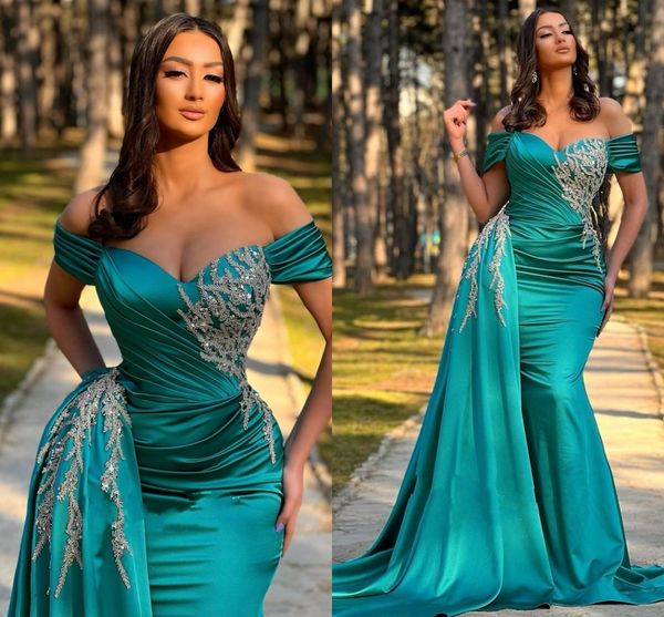 

elegant off shoulder turquoise evening dress with overskirt beaded fuchsia long formal prom party gowns arabic dubai robe de soiree 2023, Black;red