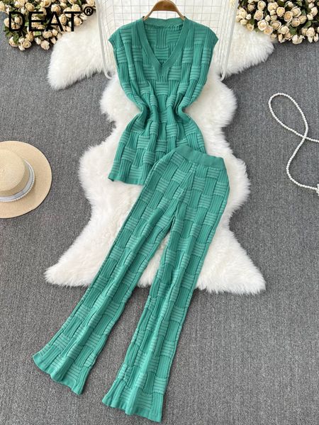 

women's two piece pants deat fashion temperamant slim knitted v neck sleeveless high waist flared trousers two piece suits lady 11p0556, White