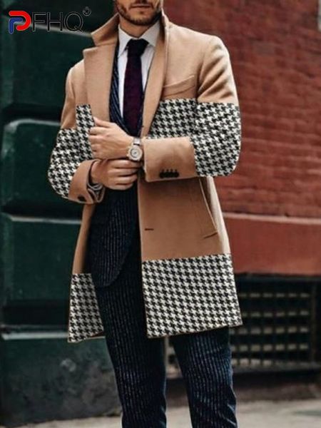 

men's wool blends pfhq retro print splicing woolen long coat men's trench casual gentleman elegant button jacket autumn winter win, Black