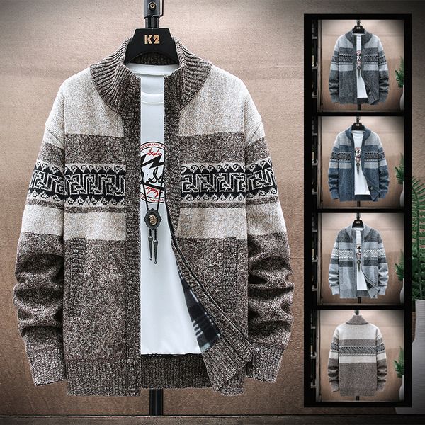 

mens sweaters winter thermal fleece lined knitted cardigan granddad jumper stand collar zip up knit sweater coat jackets cloths 221129, White;black