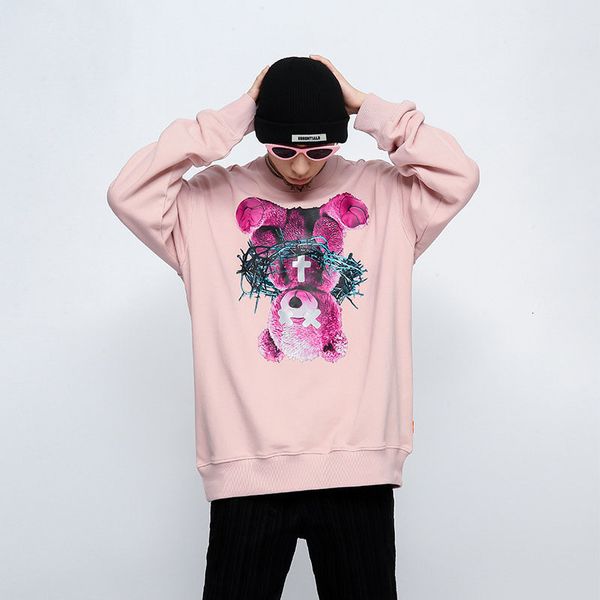 

men's hoodies sweatshirts personality streetwear sweatshirt hip hop cartoon bear reflective printed oversized casual cotton o neck pull, Black