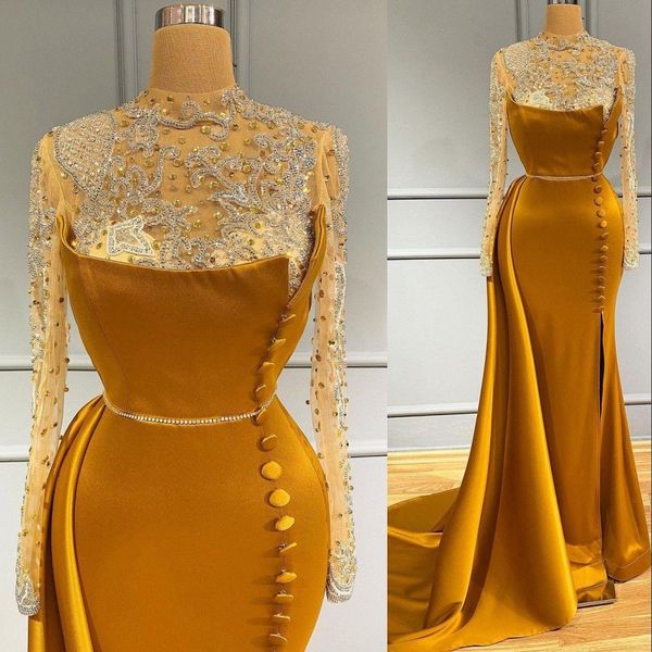 

2023 gold mermaid prom dresses long sleeves high neck beaded velvet lace applique side slit floor length custom made ruched evening party go, Black