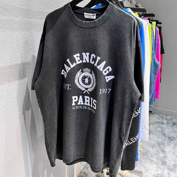 

mens tees balenciga t-shirts original paris crown wheat est 1917 round neck washed old short sleeve loose mens and womens tshirt, White;black