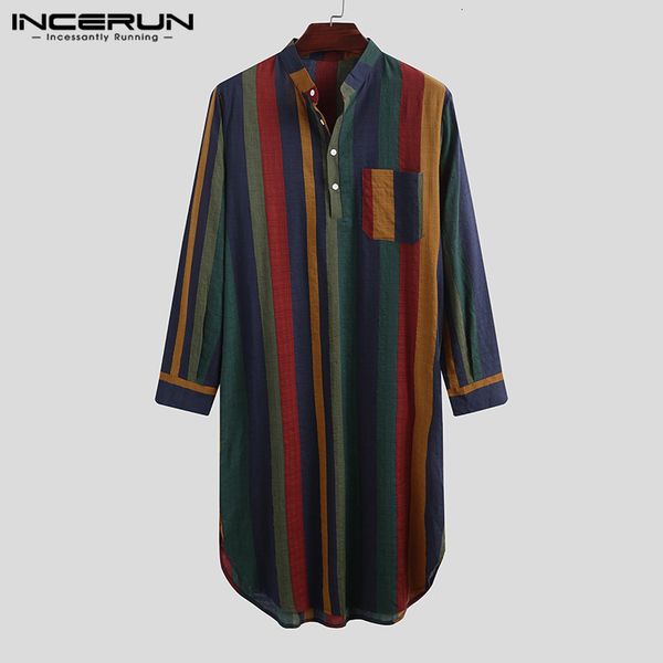 

men's robes incerun striped sleep cotton homewear stand collar long sleeve leisure nightgown retro comfy bathrobe s-5xl 7 221130
