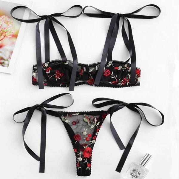 

women lingerie lace underwear bra set lingerie set sleepwear embroidered flower perspective pajamas lenceria 211211, Red;black