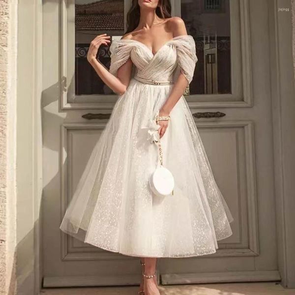 

party dresses bling glittter boho wedding for women 2022 sweetheaart tulle point net beach short bridal gown civil, White;black