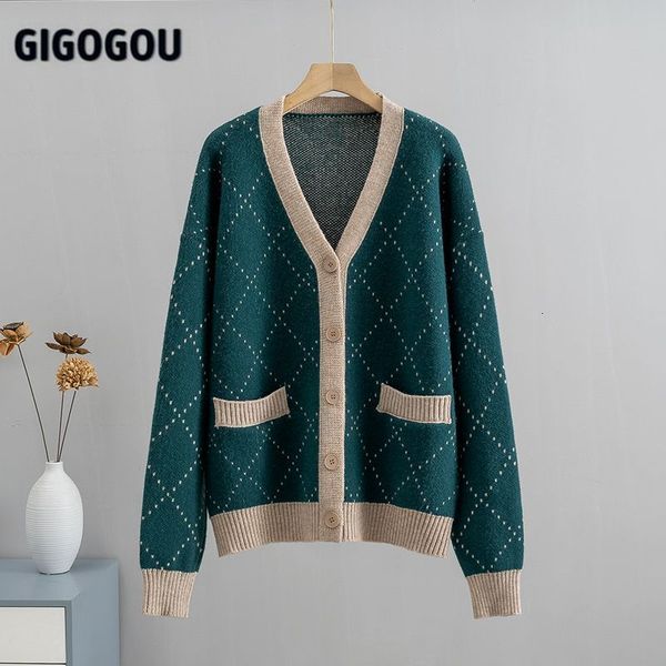 

women's knits tees gigogou argyle women cardigan sweater thick warm v neck single breasted woman cardigans oversized casual loose jacke, White