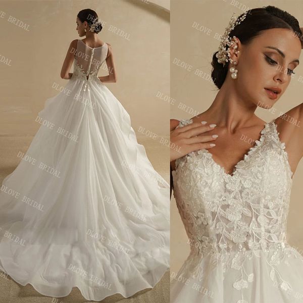 

v neck ruffle wedding dress 2022 sleeveless sweep train lace bodice a line vintage bridal gown robe de mariess new, White