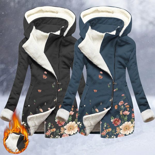 

women's jackets autumn winter women long sleeve coat zip irregular floral print hood s 221130, Black;brown