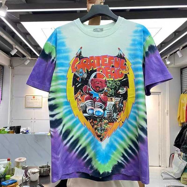 

men's t-shirts water wash tie-dye lettering space bear print round-necked short-sleeved t-shirt man t221130, White;black