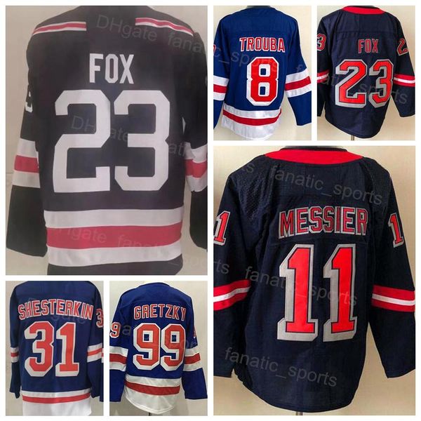 

men reverse retro 8 jacob trouba jersey ice hockey 99 wayne gretzky 11 mark messier 23 adam fox 31 igor shesterkin navy blue white winter cl, Black;red