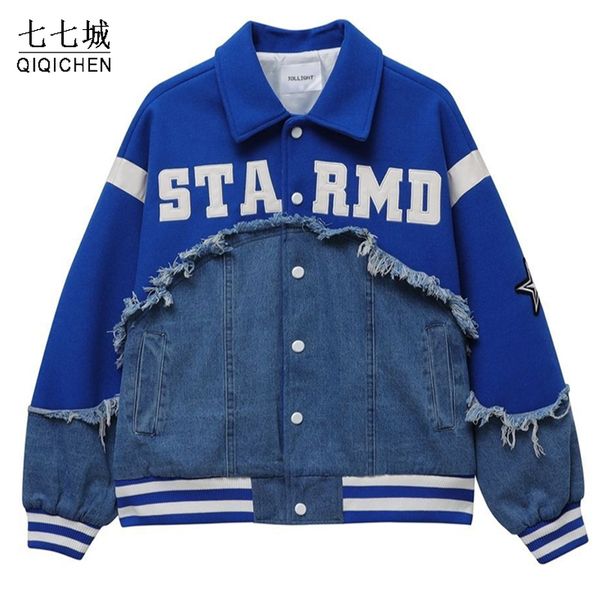 

men's jackets baseball varsity jacket men irregular denim patchwork letter embroidery bomber street spring autumn coats 221129, Black;brown