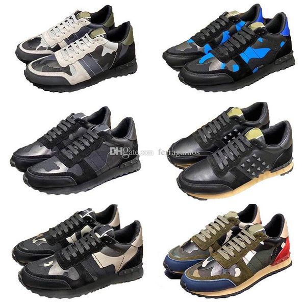 

shoes new men luxury rockrunner camouflage noir fabric nappa genuine leather mens desginer flats trainers sne valentinoes valentinoity hns, Black