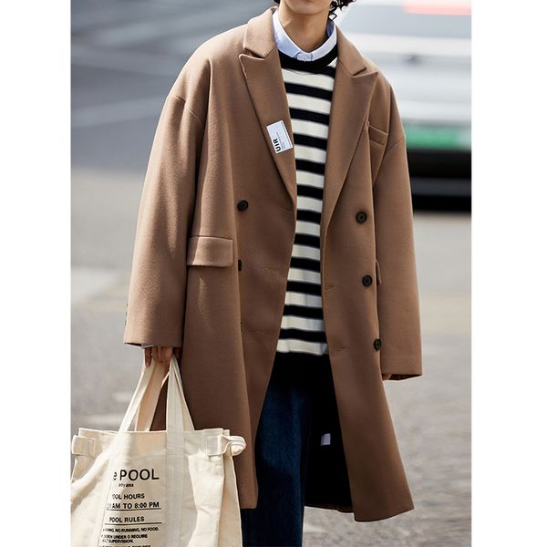 

men's wool blends legible autumn winter wool jacket men solid casual wool coats male loose korean long jacket man 221129, Black