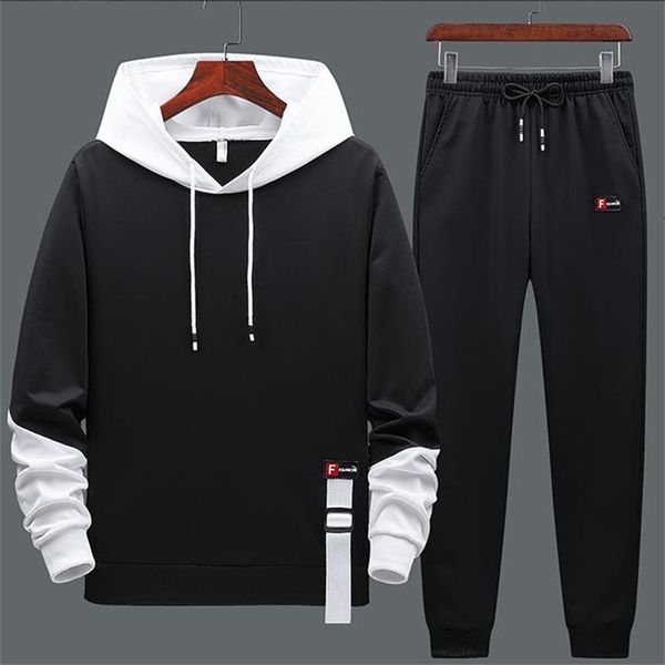 

men's tracksuits spring autumn mens set tracksuit men plaid patchwork hoodies pants 2 pieces fashion studen sports suit streetwear 4xl, Gray