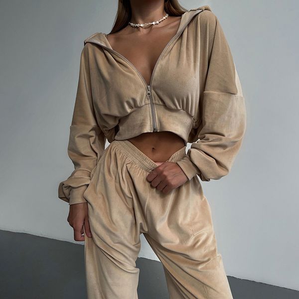 

women's two piece pant 2 velvet tracksuit set long sleeve hooded zip up crop elastic high waist loose workout outfits 221130, White