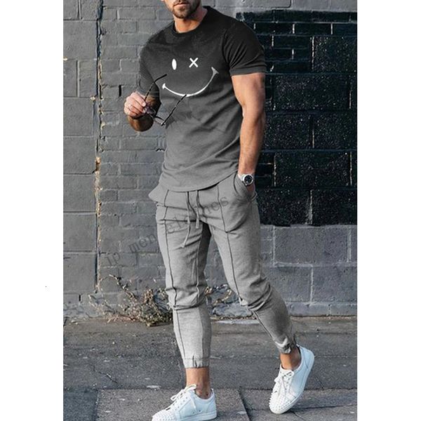 

men's tracksuits man trend t-shirt luxury brand tracksuit trousers fashion clothes streetwear summer short sleeve long pants sets 22112, Gray