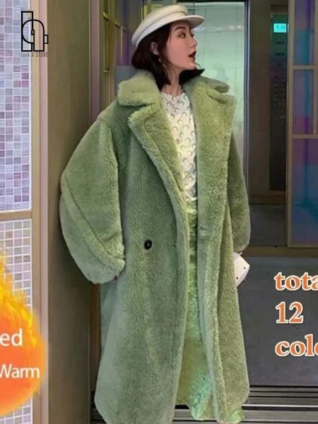 

women's fur faux luck a winter warm women long coat vintage sleeve female thick teddy bear casual loose oversize outwears 221130, Black