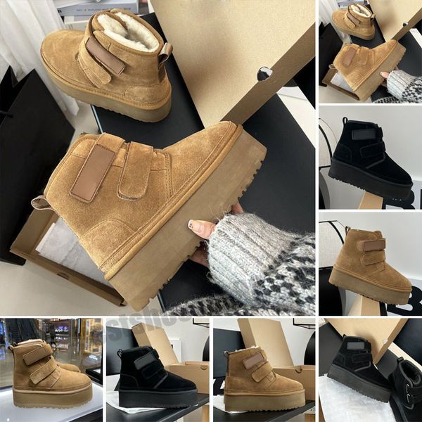 

classic mini platform boots designer women men snow boots real leather thick bottom brown slip-on australia australian booties winter bottes, Black