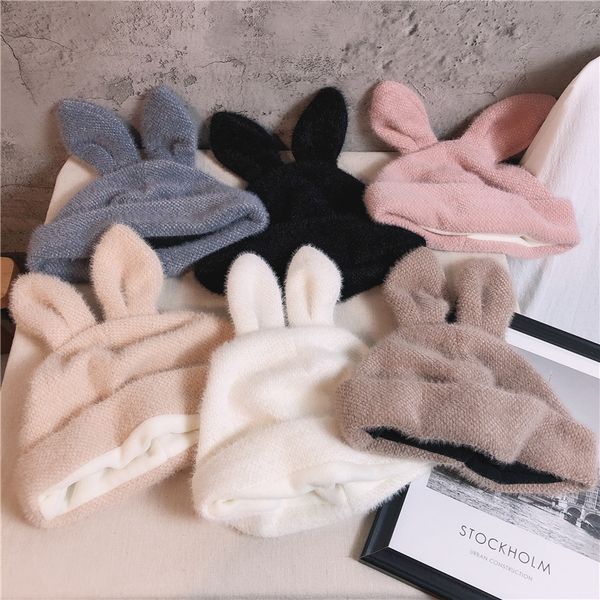 

beanieskull caps fashion womens hats autumn winter lamb plush soft cute ears warm panama casual skull knitted cotton 221129, Blue;gray