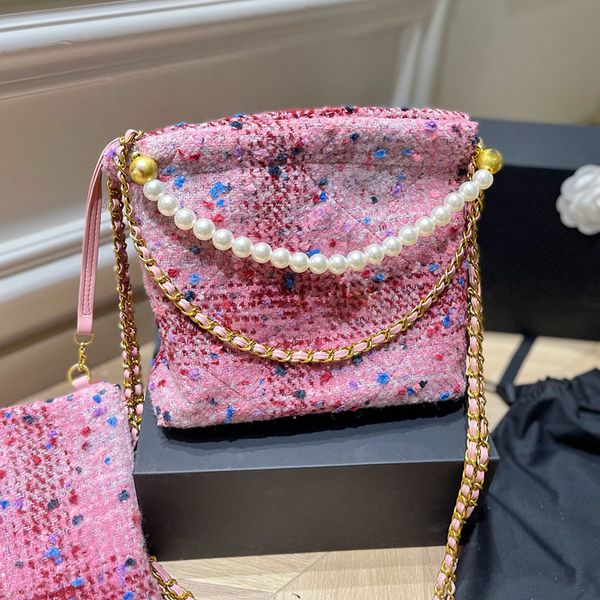 

classic tie mouth women pearl portable garbage bag with clutch diamond lattice tweed leather quilted designer handbag crossbody fashion luxu