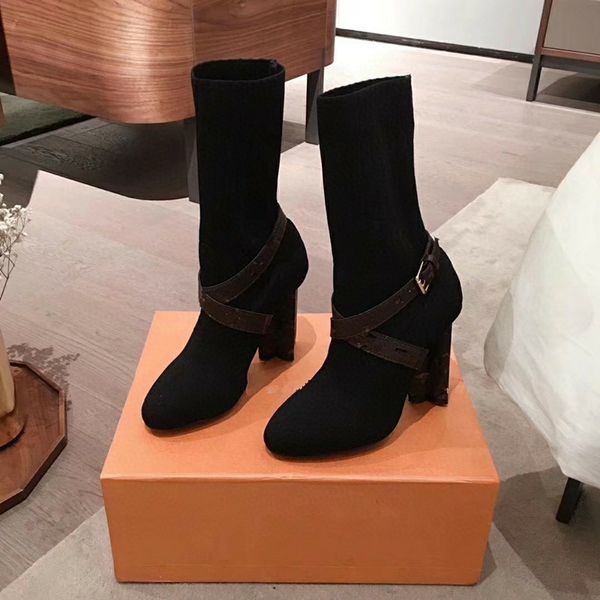 

designers women boots letter printing chunky heel shoes matte bright leather classic style 0819, Black