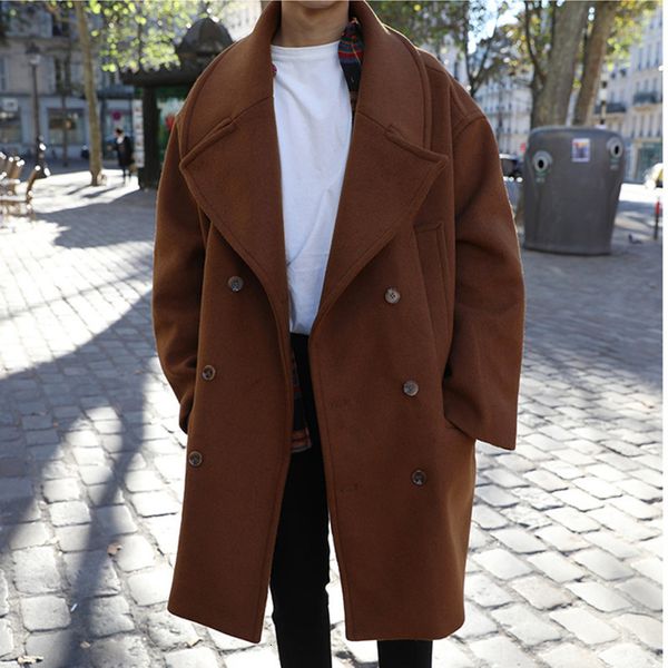 

men's wool blends wear men's overknee long coat fashion thickening keep warm woolen overcoat male loose fitcloth 2y282 221129, Black