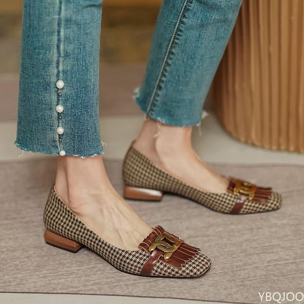 

dress shoes french retro low heel tassel single plaid square toe metal buckle spring shallow mouth chunky 221130, Black