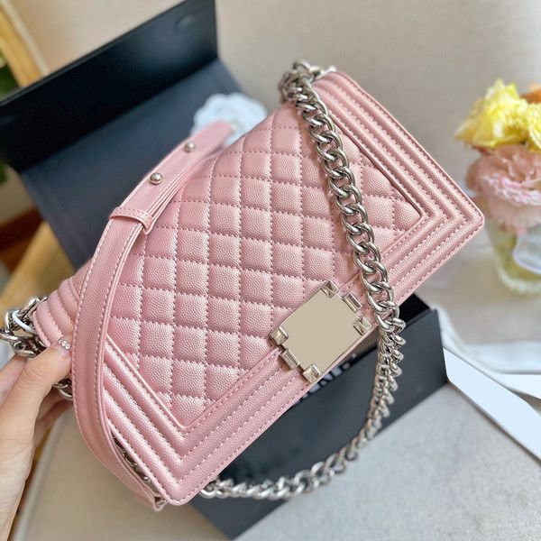 

22f/w iridescent pearly classic flap quilted boy bags with silver metal hardware chain crossbody shoulder tote designer handbags black pink