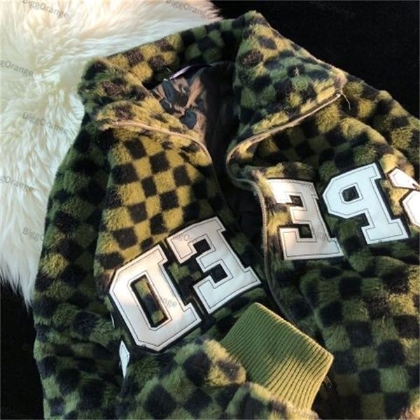 

men's jackets retro high street checkerboard stand up collar men cotton coat couple autumn and winter loose thickened lamb wool jacket, Black;brown