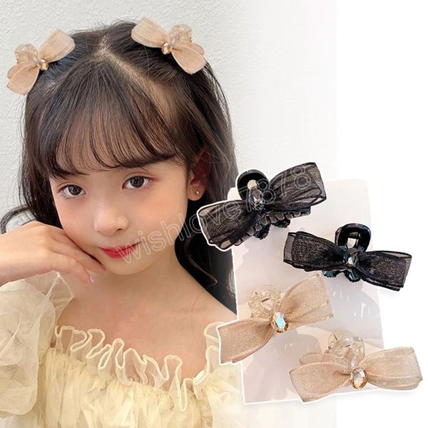 

mesh rhinestone hair claws clamps girl high ponytail side clip hairpin bowknot hair clips children's hair accessories headwear, Slivery;golden